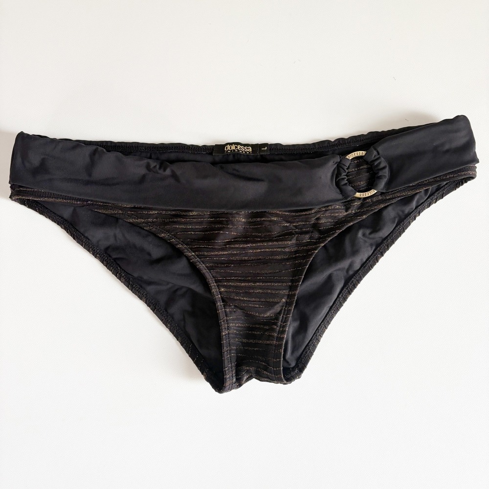 Dolcessa Women Black Gold Metallic Stripe Luxury Resort Bikini Swim Bottoms L